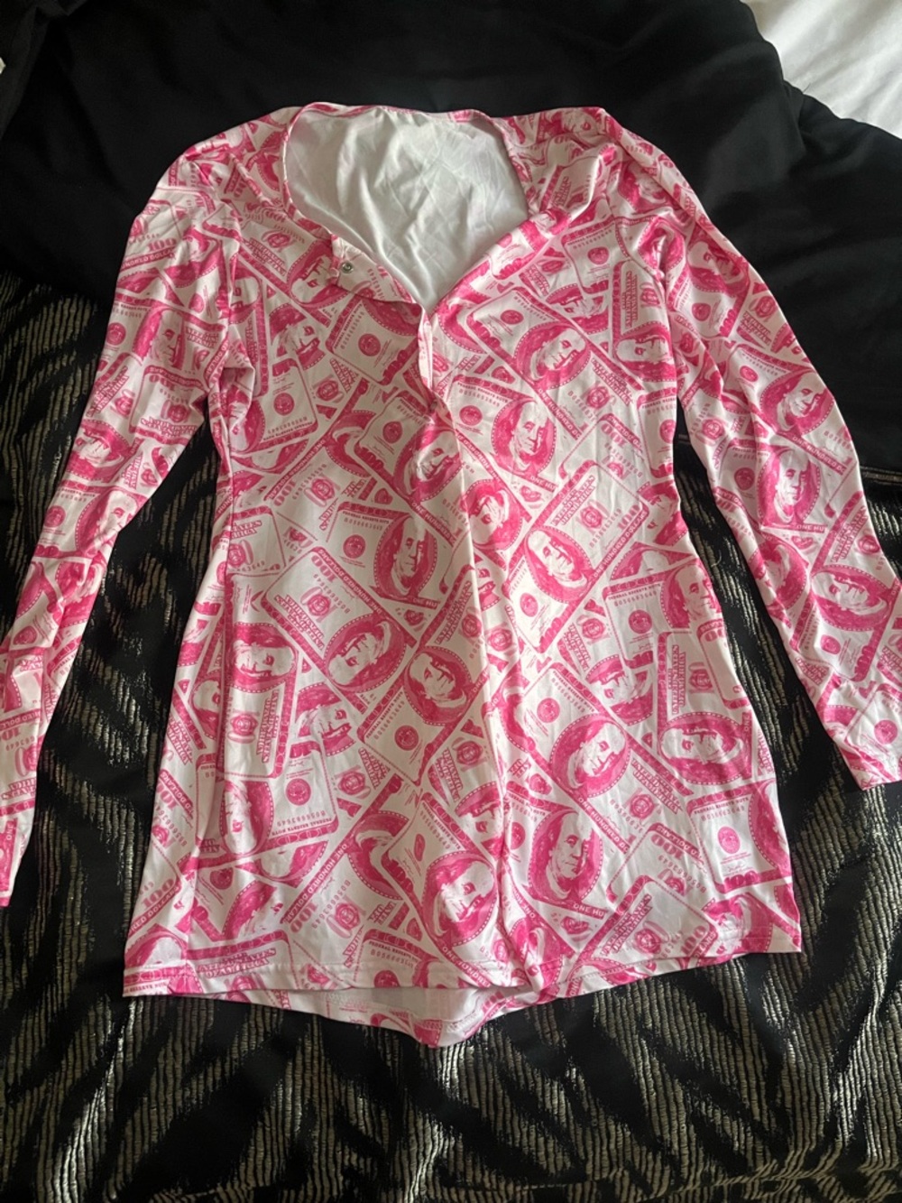 Pink Money Print Long Sleeve Romper